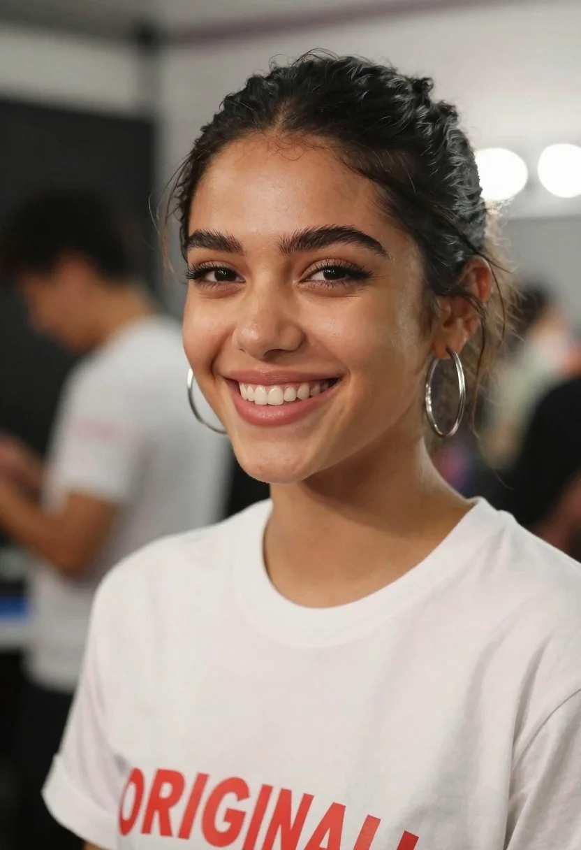Close-up Portrait Smiling Young Woman With Dark Hair Pulled Back reference photo