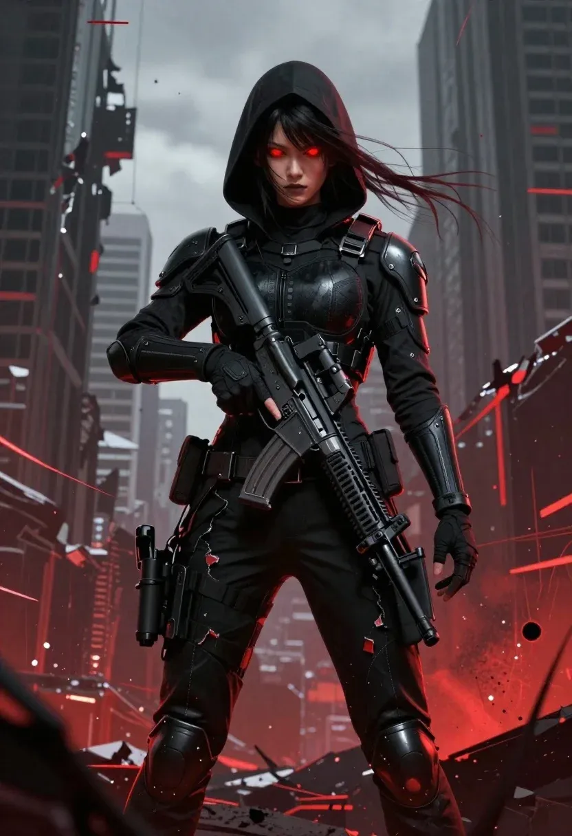 Subject Hooded Female Figure Tactical Gear With Glowing Red Eyes