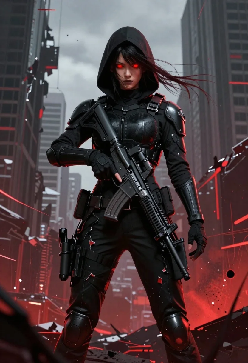Subject Hooded Female Figure Tactical Gear With Glowing Red Eyes reference photo