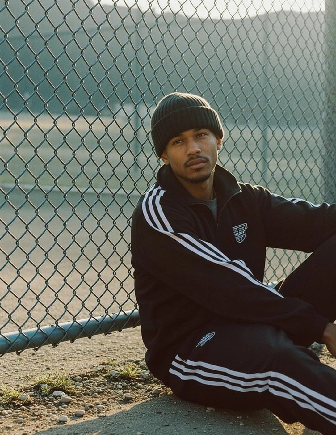 Man By Chain Link Fence Neutral Expression