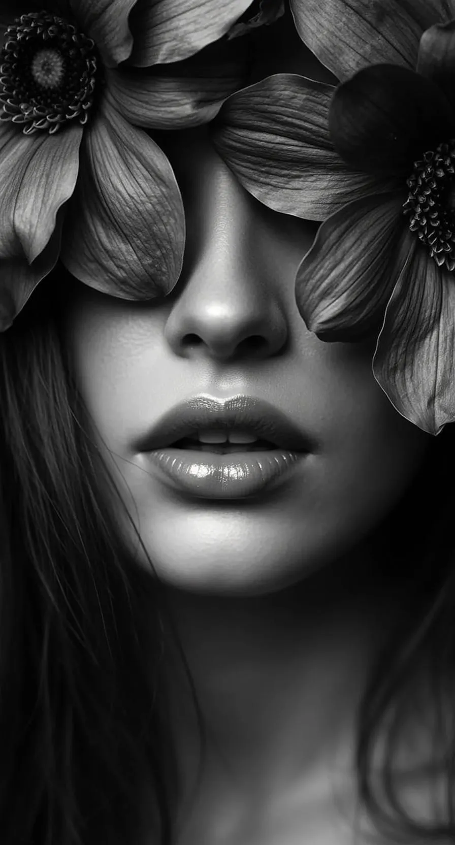 Black And White Close-up Vertical Portrait Woman Face Cropped From