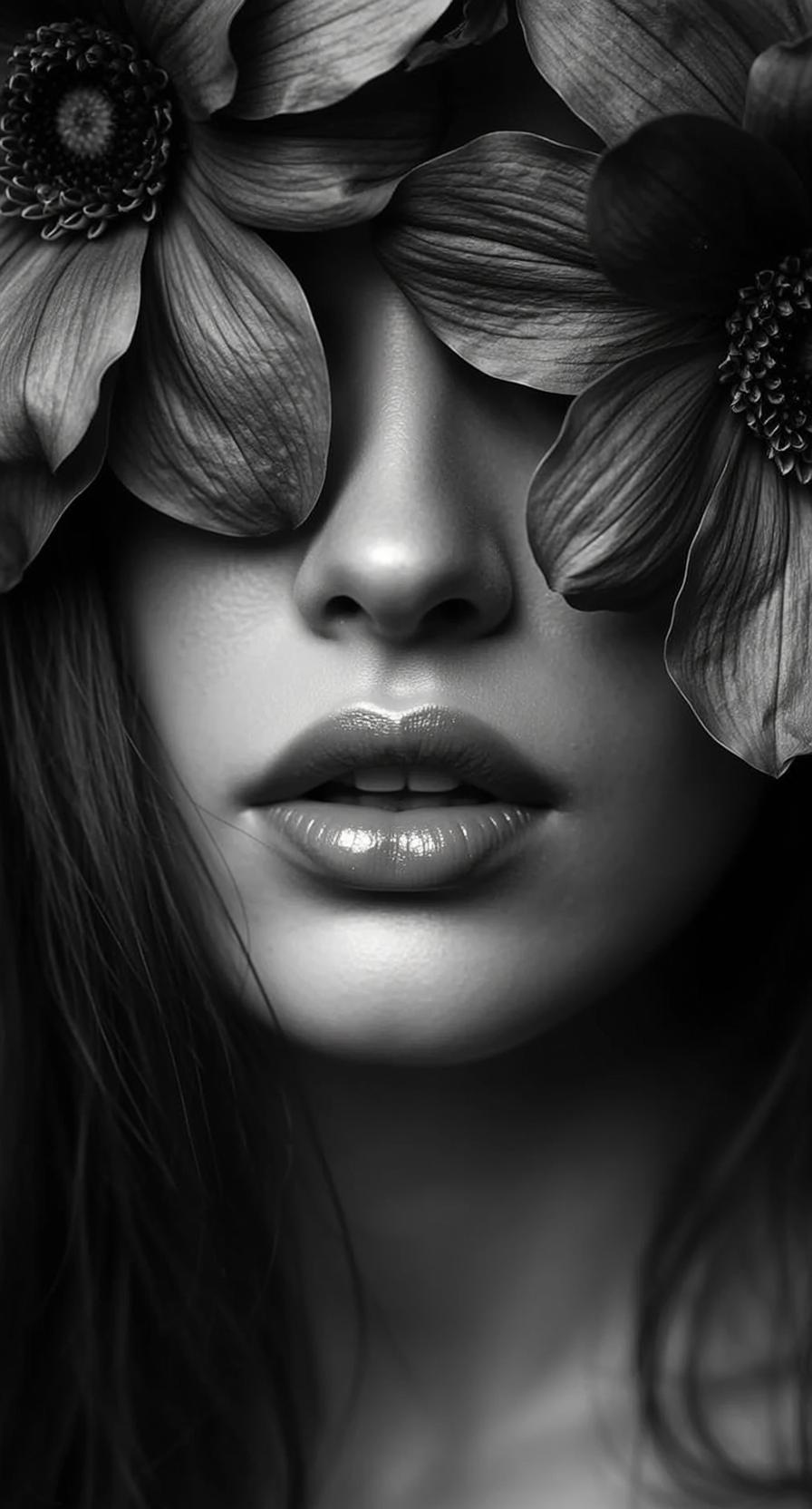 Black And White Close-up Vertical Portrait Woman Face Cropped From