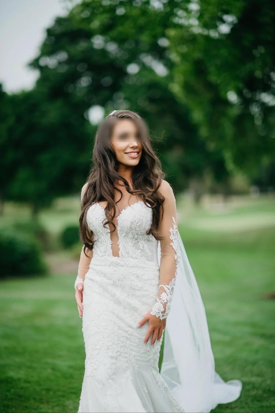 White Lace Mermaid Wedding Gown On Green Lawn
