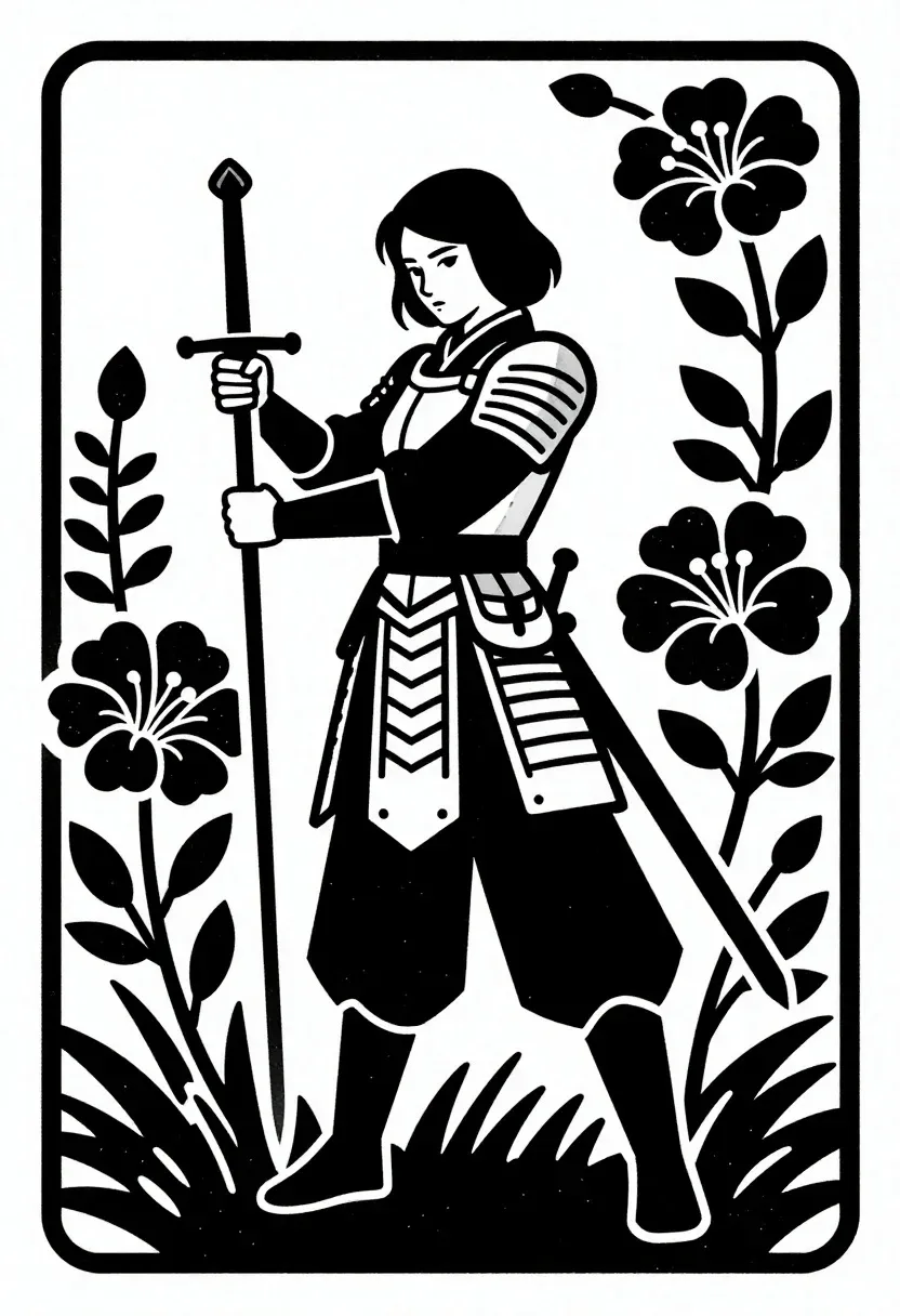High Contrast Black And White Illustration Female Warrior Holding Long
