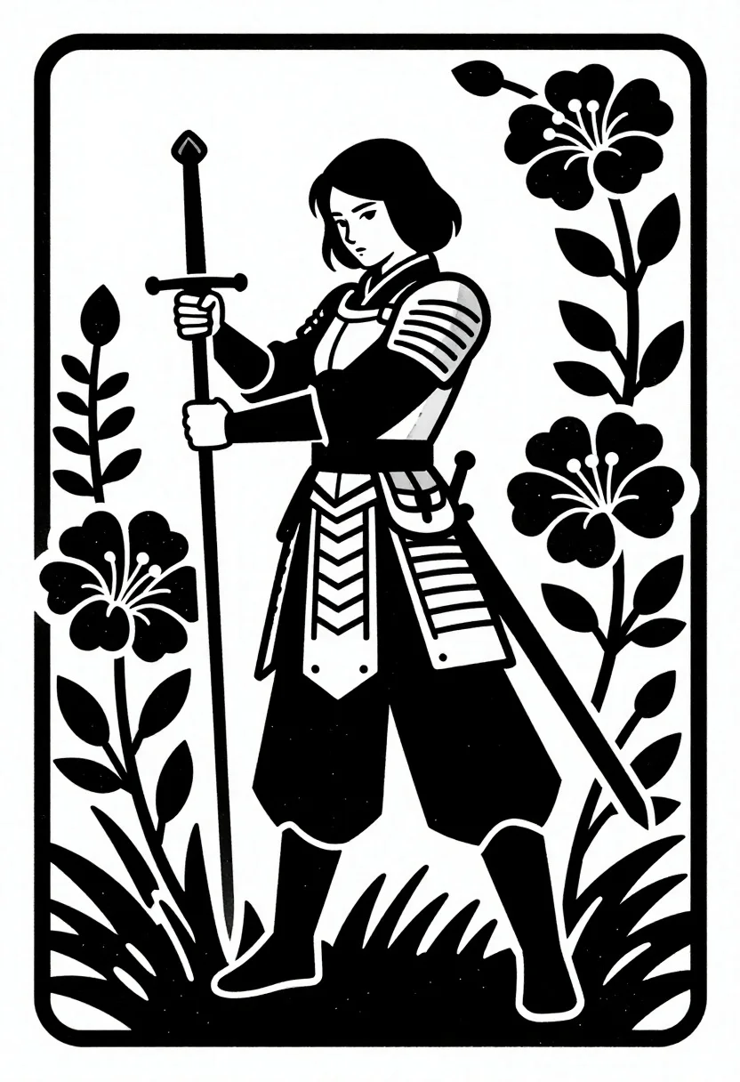 High Contrast Black And White Illustration Female Warrior Holding Long reference photo