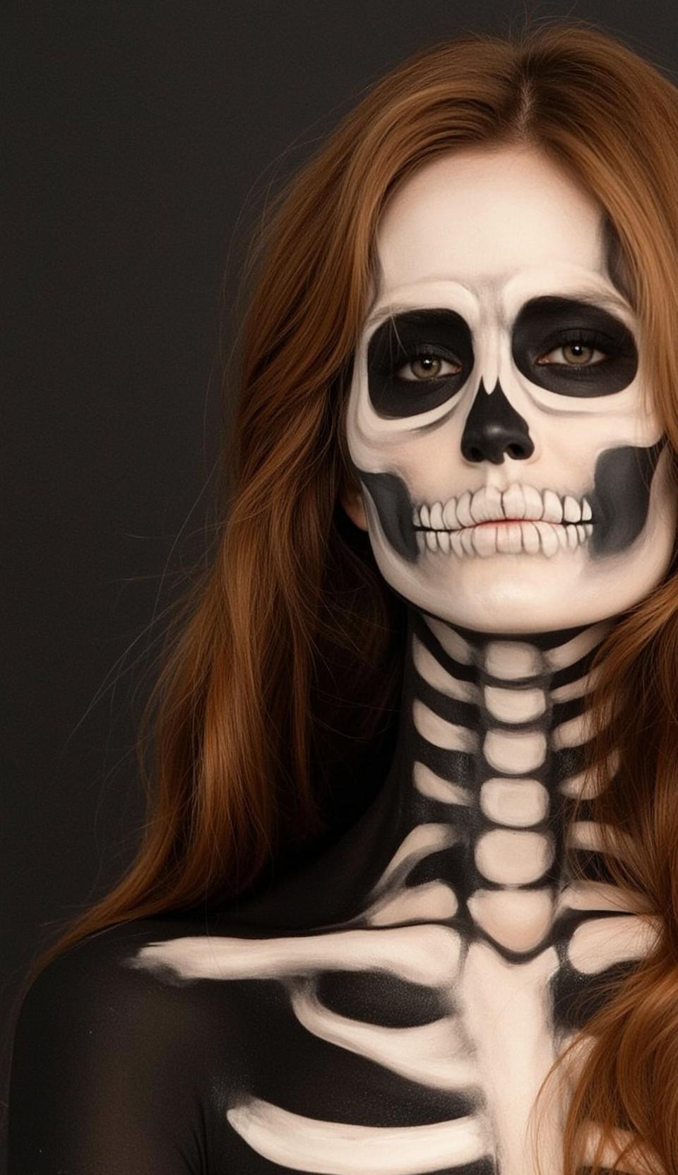 Halloween Makeup Skeleton Paint Long Wavy Auburn