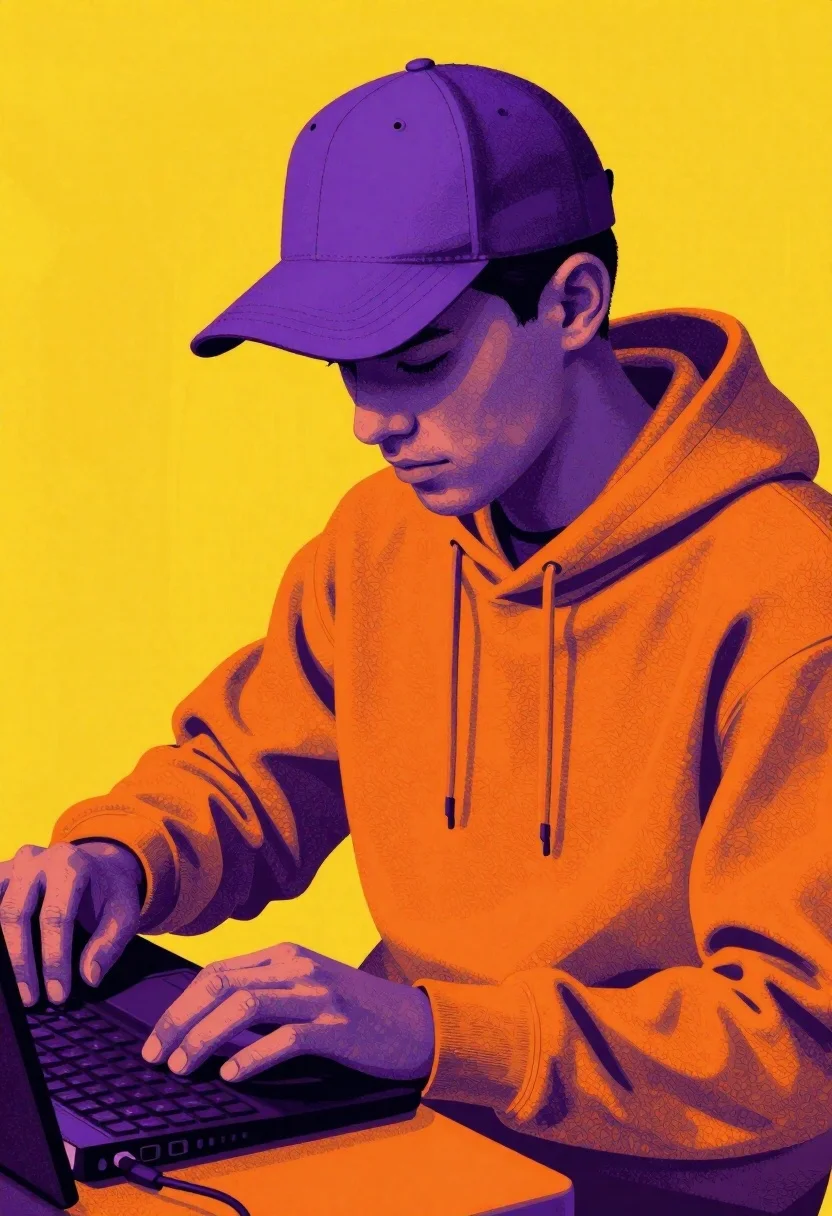 Stylized Pop-art Illustration Figure Wearing Orange Hoodie And Purple Baseball reference photo