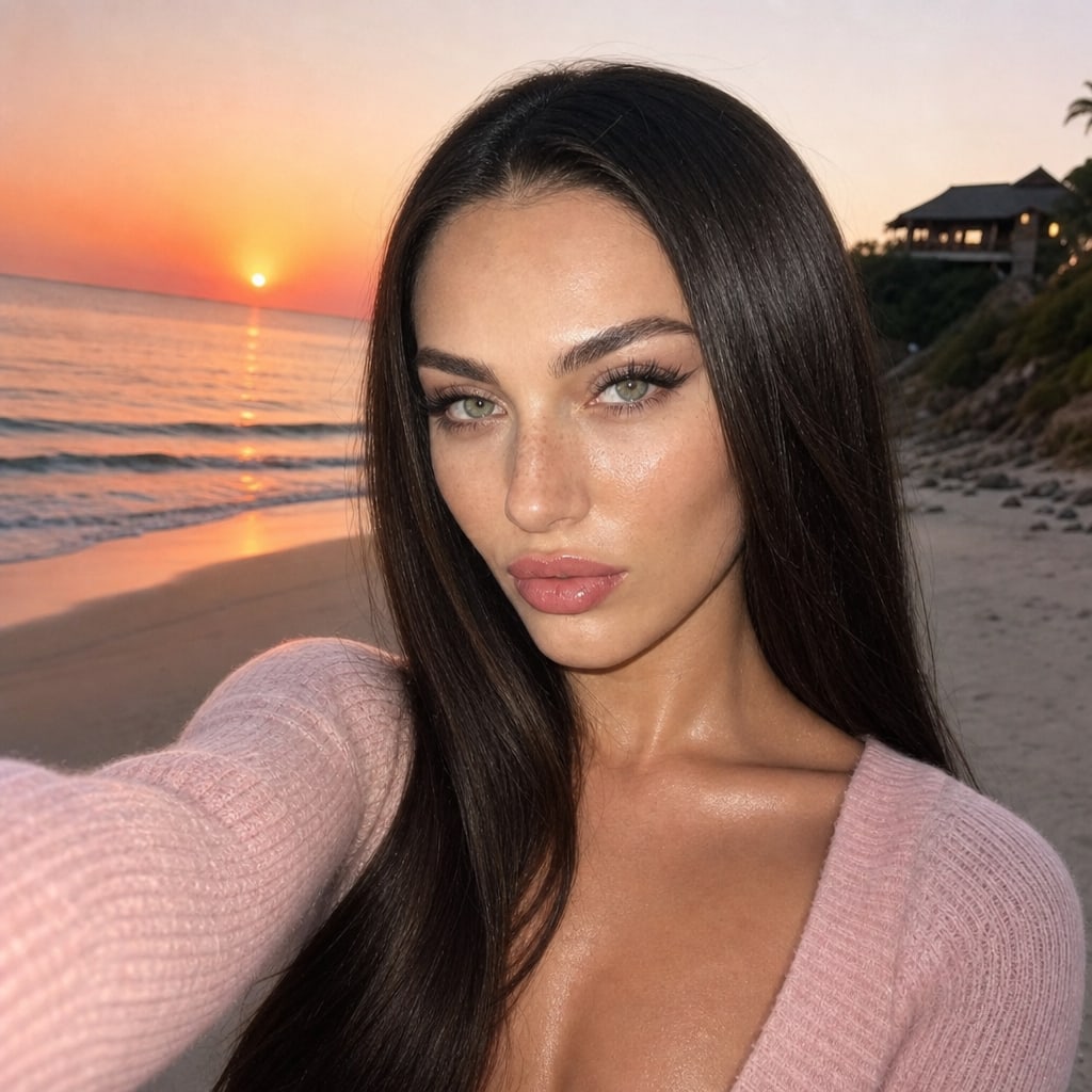 Close-up of a woman in a pink knitted top, with a glowing complexion, smirking towards the camera at sunset on the beach.