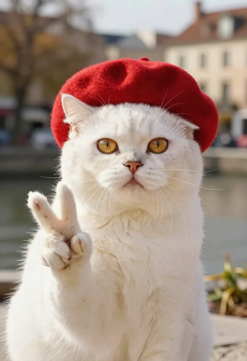 High-quality Photograph Fluffy White Cat Wearing Red Beret Subject Fluffy reference photo