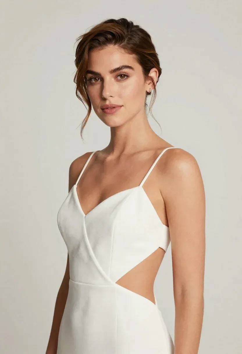 Confident Woman With Brown Hair Styled Elegant Updo Gazes Directly