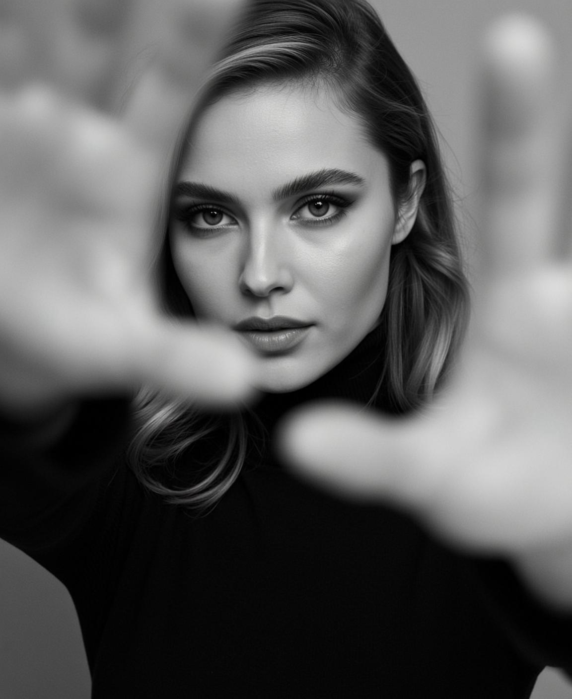 Photorealistic Black And White Medium Close-up Portrait Young Woman Shot