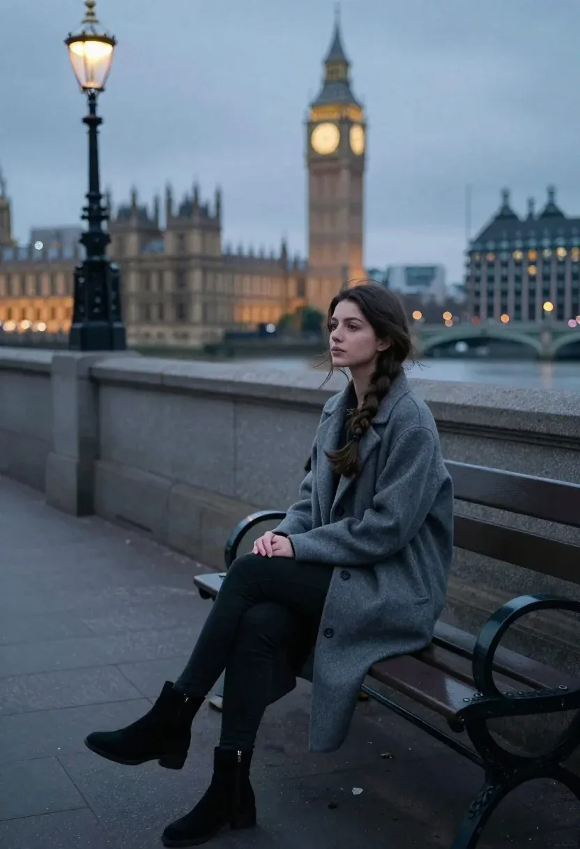 Young Woman With Dark Hair Sits Alone Park Bench Along