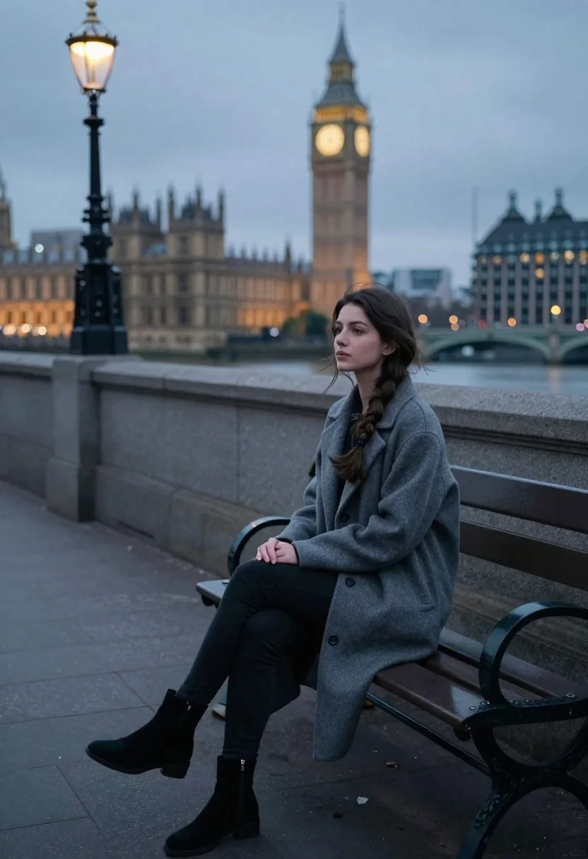 Young Woman With Dark Hair Sits Alone Park Bench Along