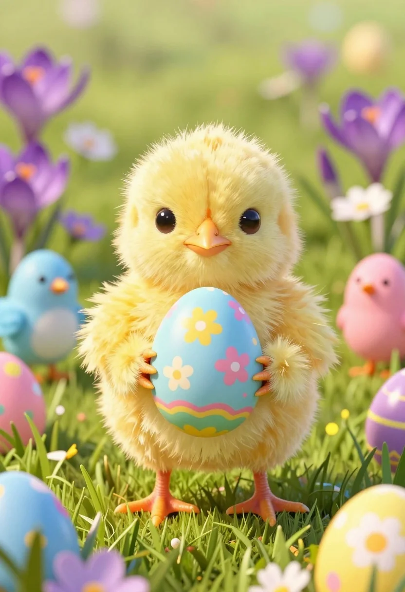 Fluffy Yellow Chick Stands Grassy Field Holding Large Decorated Easter