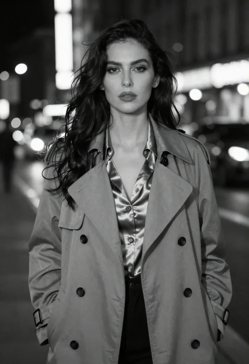 Black-and-white Fashion Portrait Woman Standing Urban Street Night Subject Glamorous