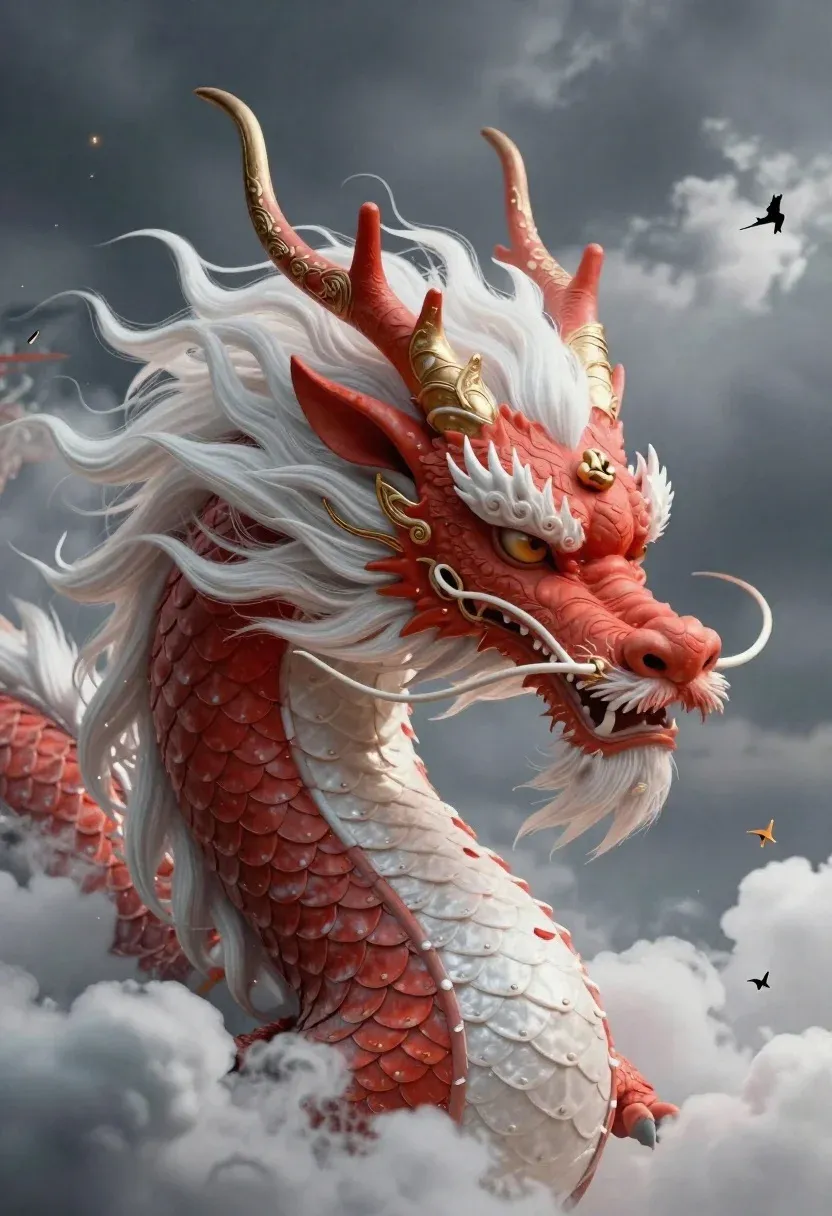 Render Majestic Chinese Dragon Head Emerging From Stormy Clouds With