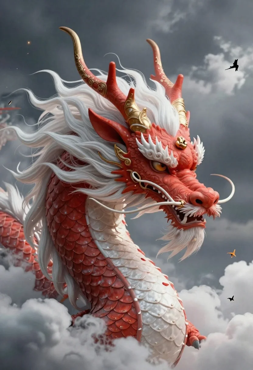 Render Majestic Chinese Dragon Head Emerging From Stormy Clouds With reference photo