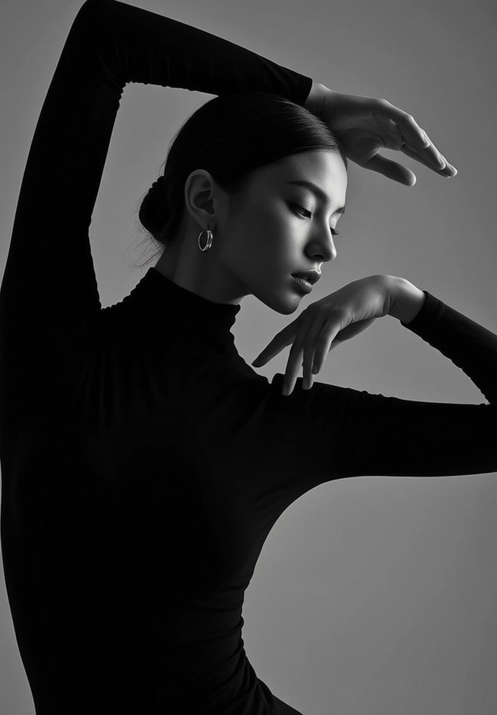 Medium Shot Black And White Photorealistic Portrait Young Woman With