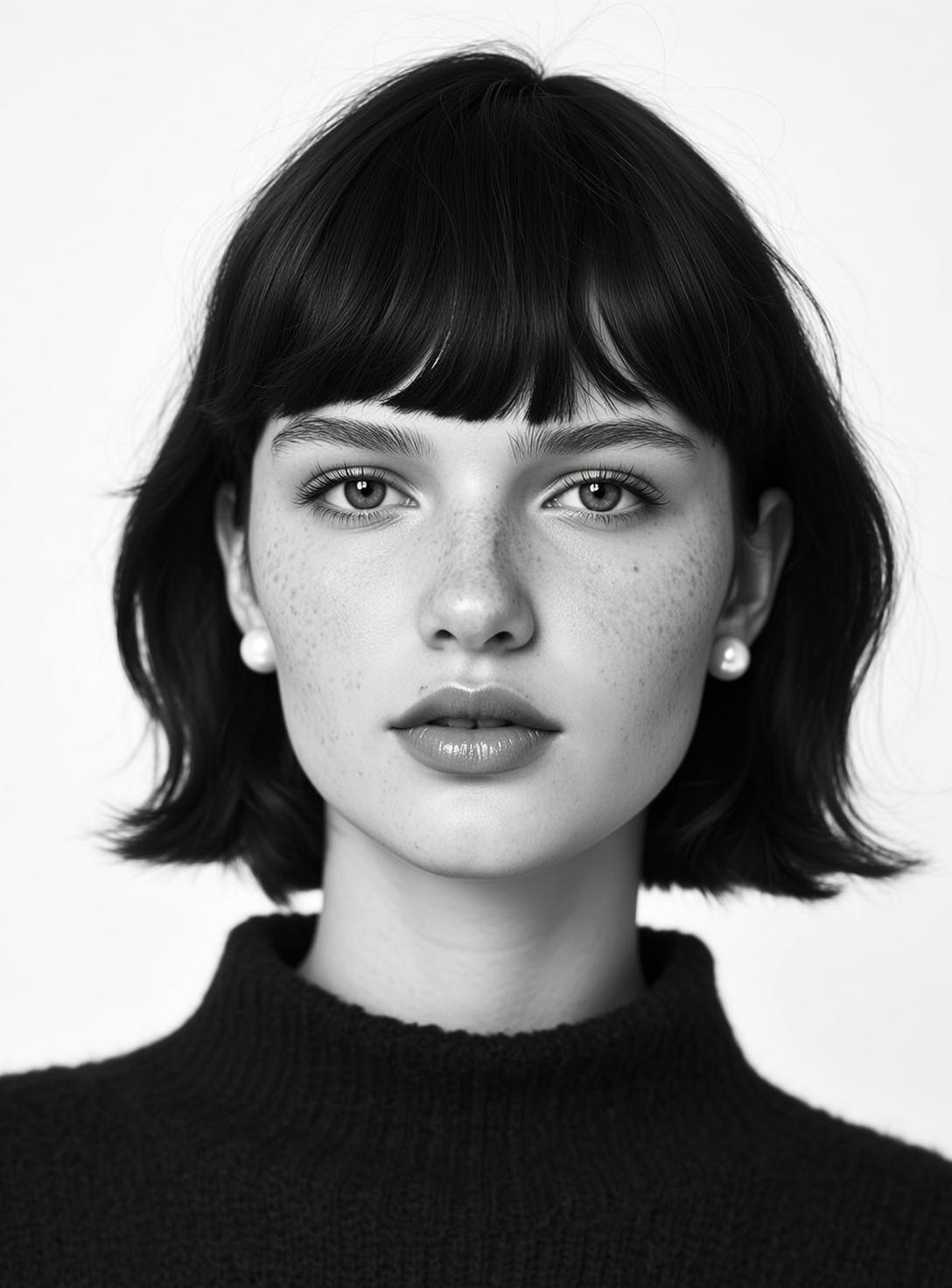 Photorealistic Black And White Headshot Portrait Young Woman With Fair