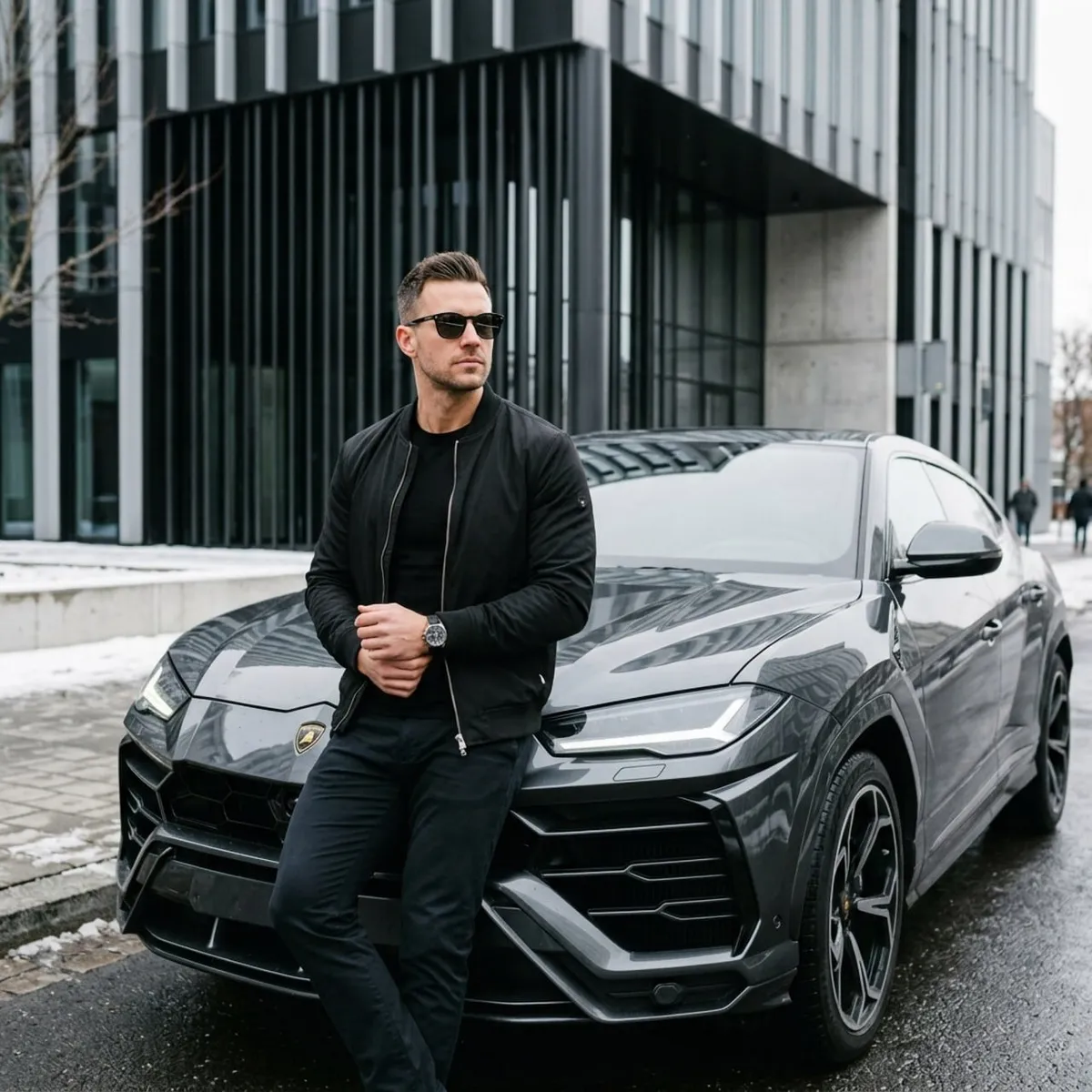 Sunglasses Leaning On A Luxury Car In Winter