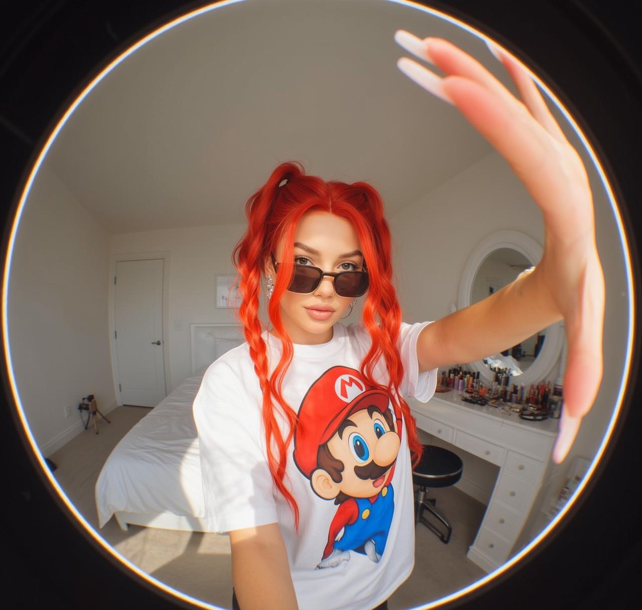 Fisheye Young Bright Red Styled Two Pigtails