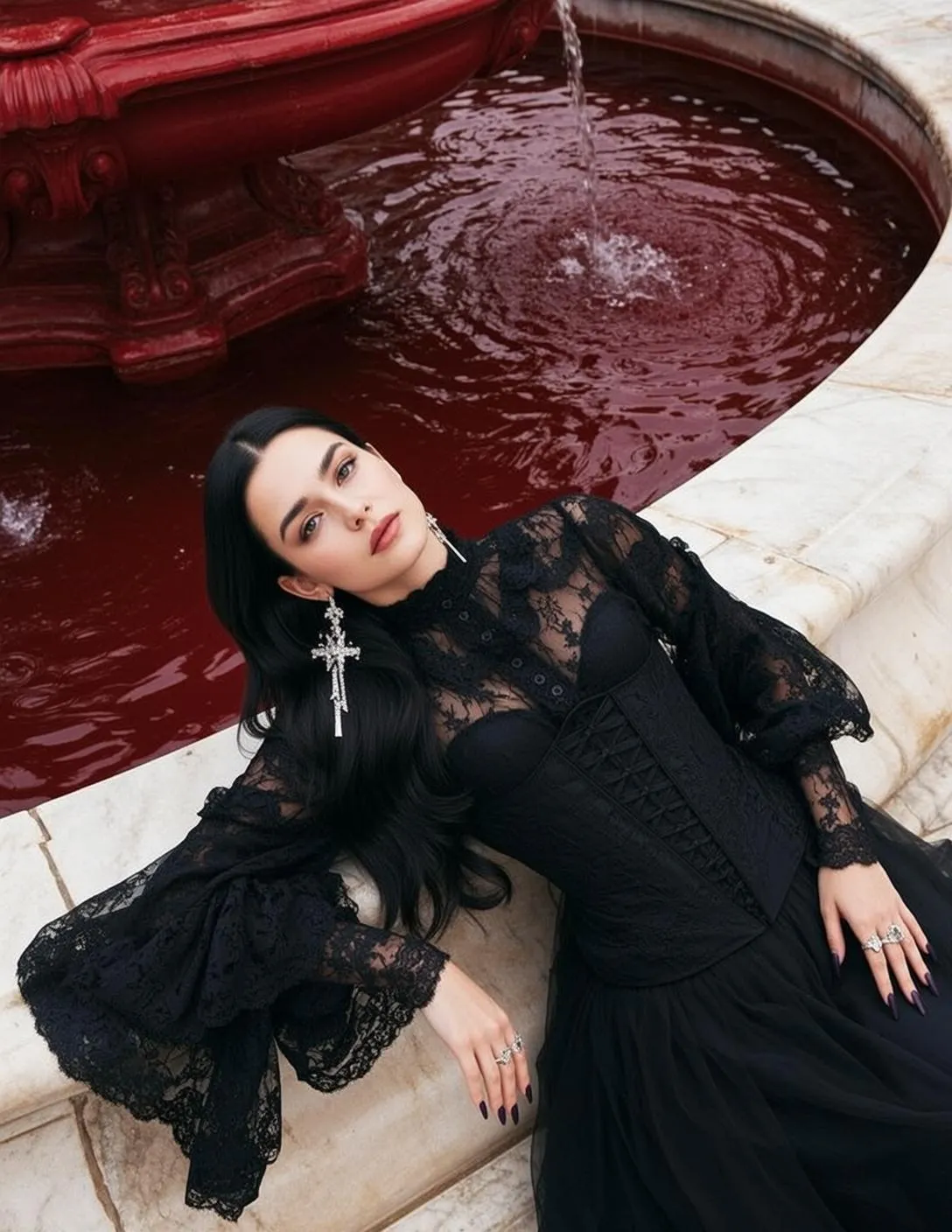 Earrings And Rings Reclining With Black Tulle