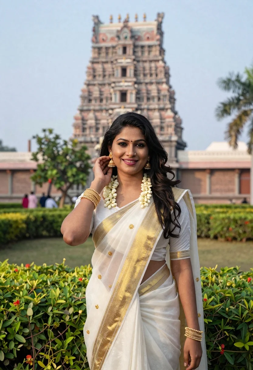 Smiling Woman With Long Dark Wavy Hair Stands The Foreground