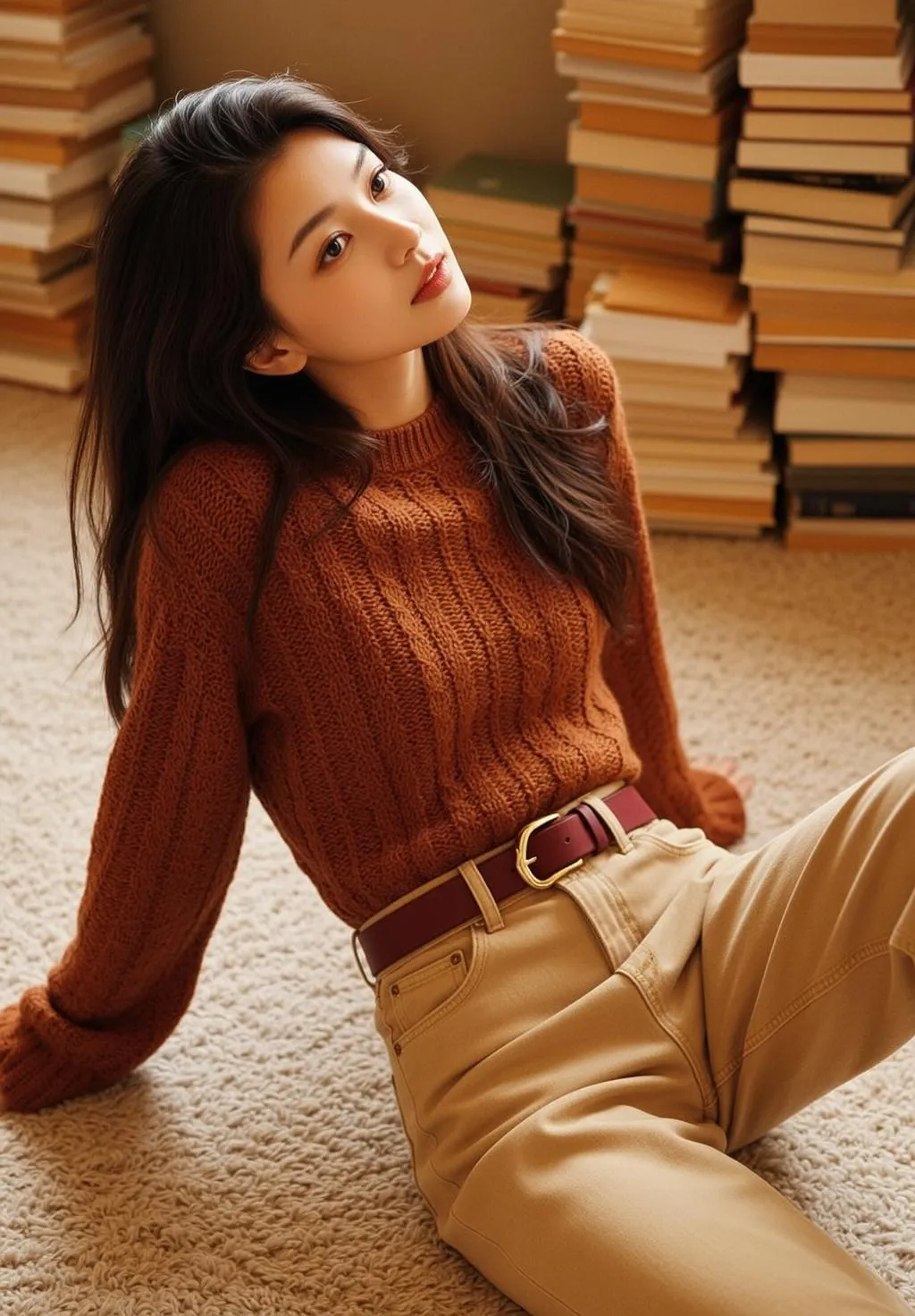 Orange Sweater Books Floor