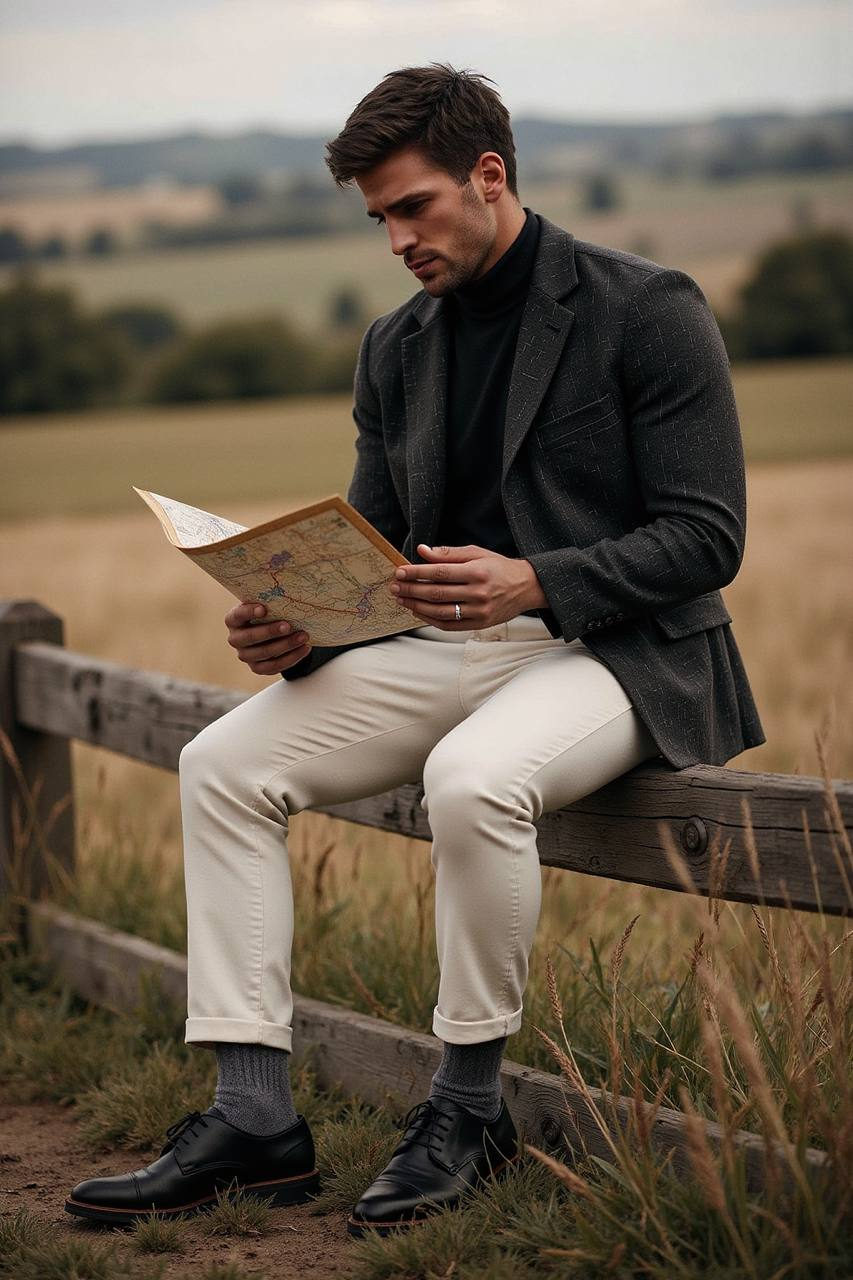 A fashionable adventurer in a rustic setting, casually sitting on a wooden fence while studying a vintage map, dressed in elegant outdoor attire.