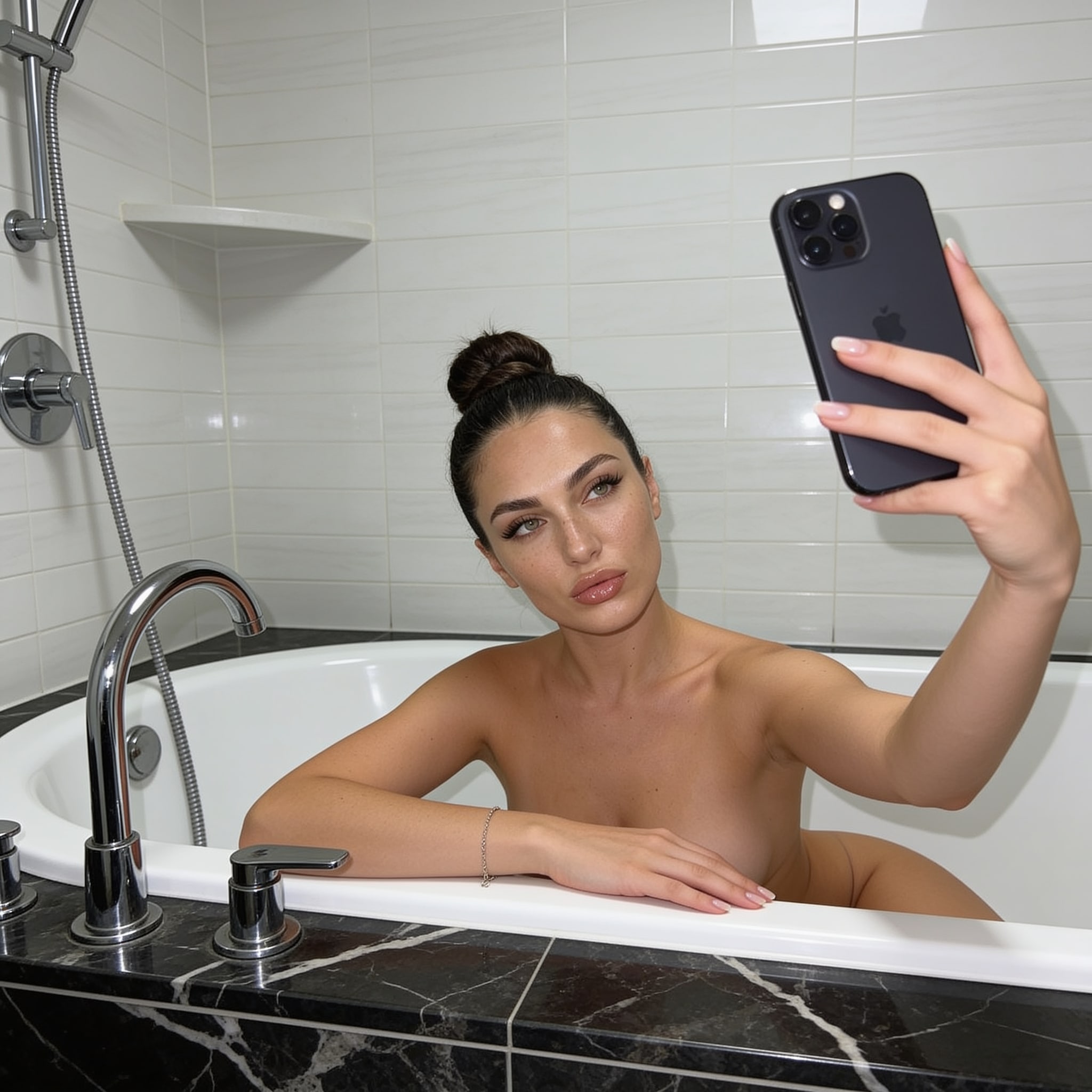 A relaxed bath selfie of Lily, showcasing her natural pose and surroundings, highlighting intimate and private elements.