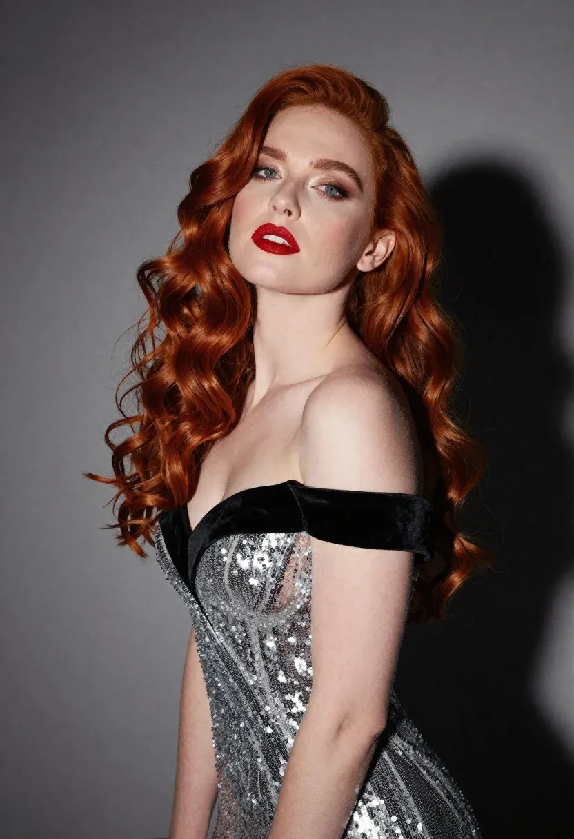 Glamorous Portrait Woman With Long Wavy Red Hair Looking Upward