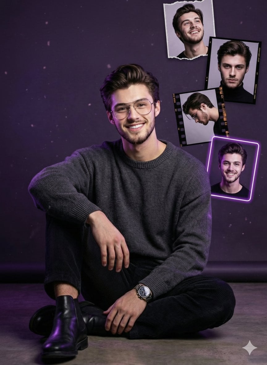 Studio Portrait Deep Purple Glowing Particles