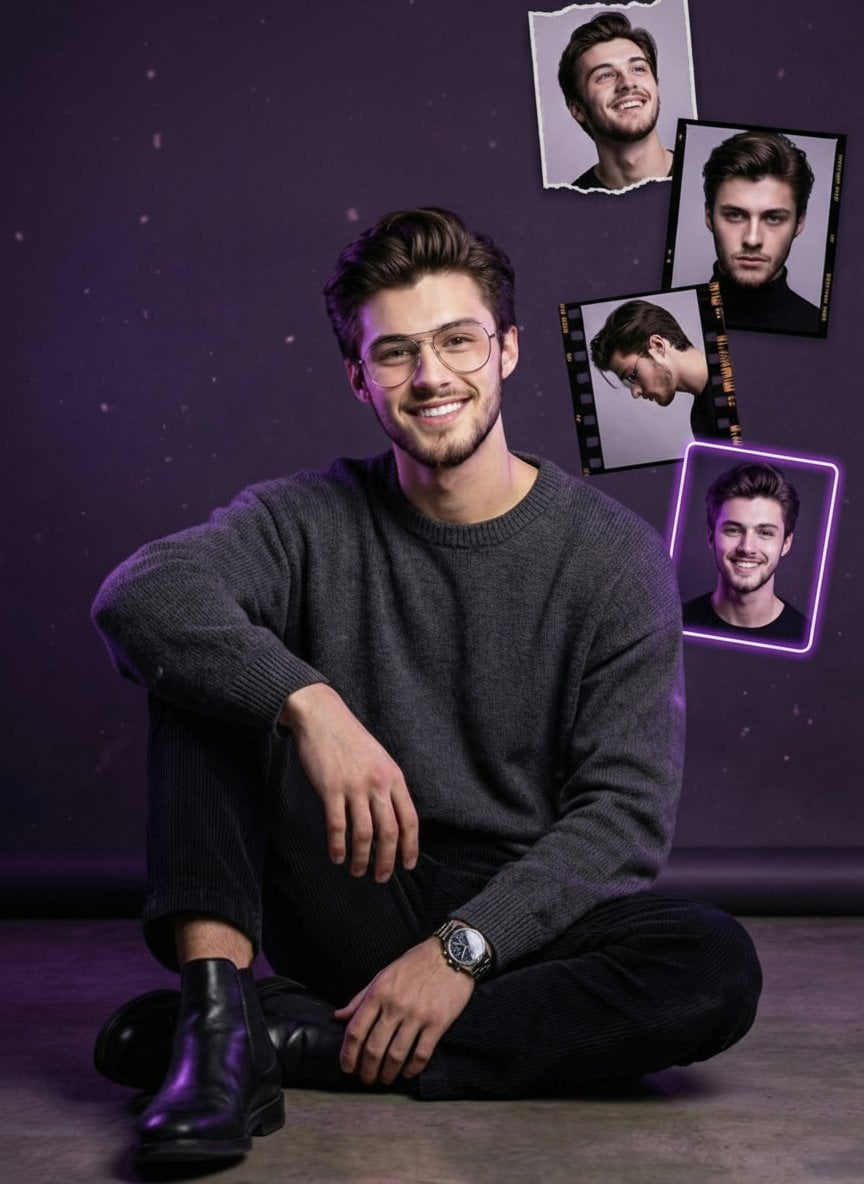 Cinematic studio portrait of a young man in dark sweater sitting on the floor with glowing purple particles in the background.
