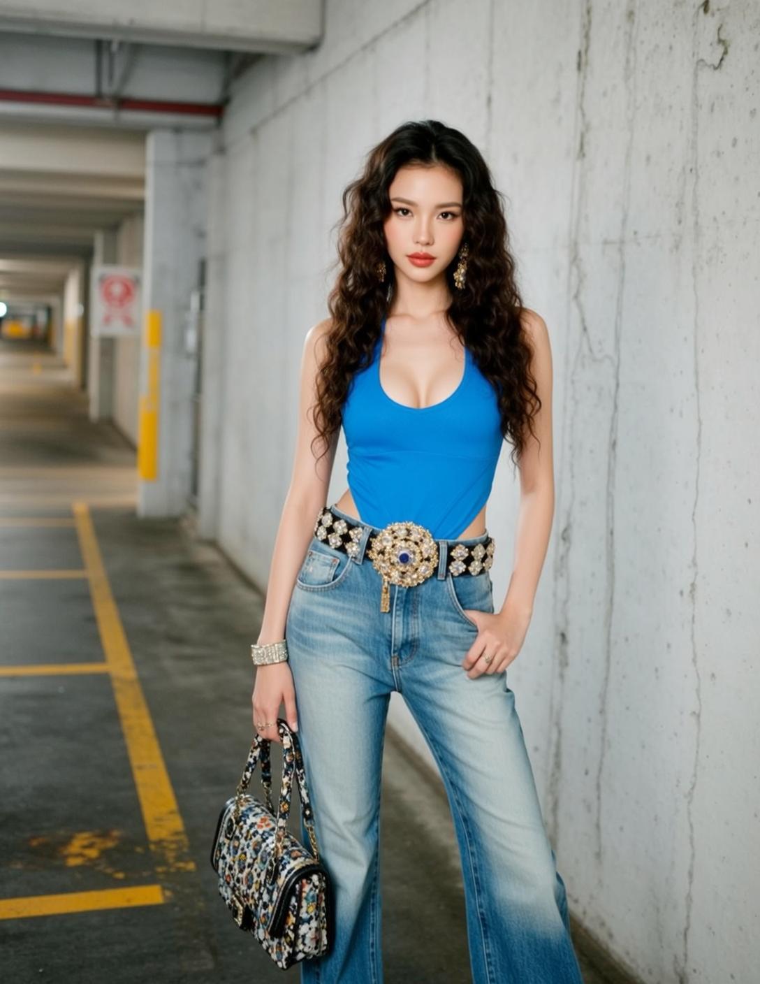 Y2k Young Long Dark Curly Light Blue