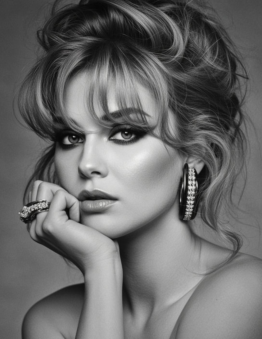 Black And White Medium Close-up Portrait Woman With Her Chin