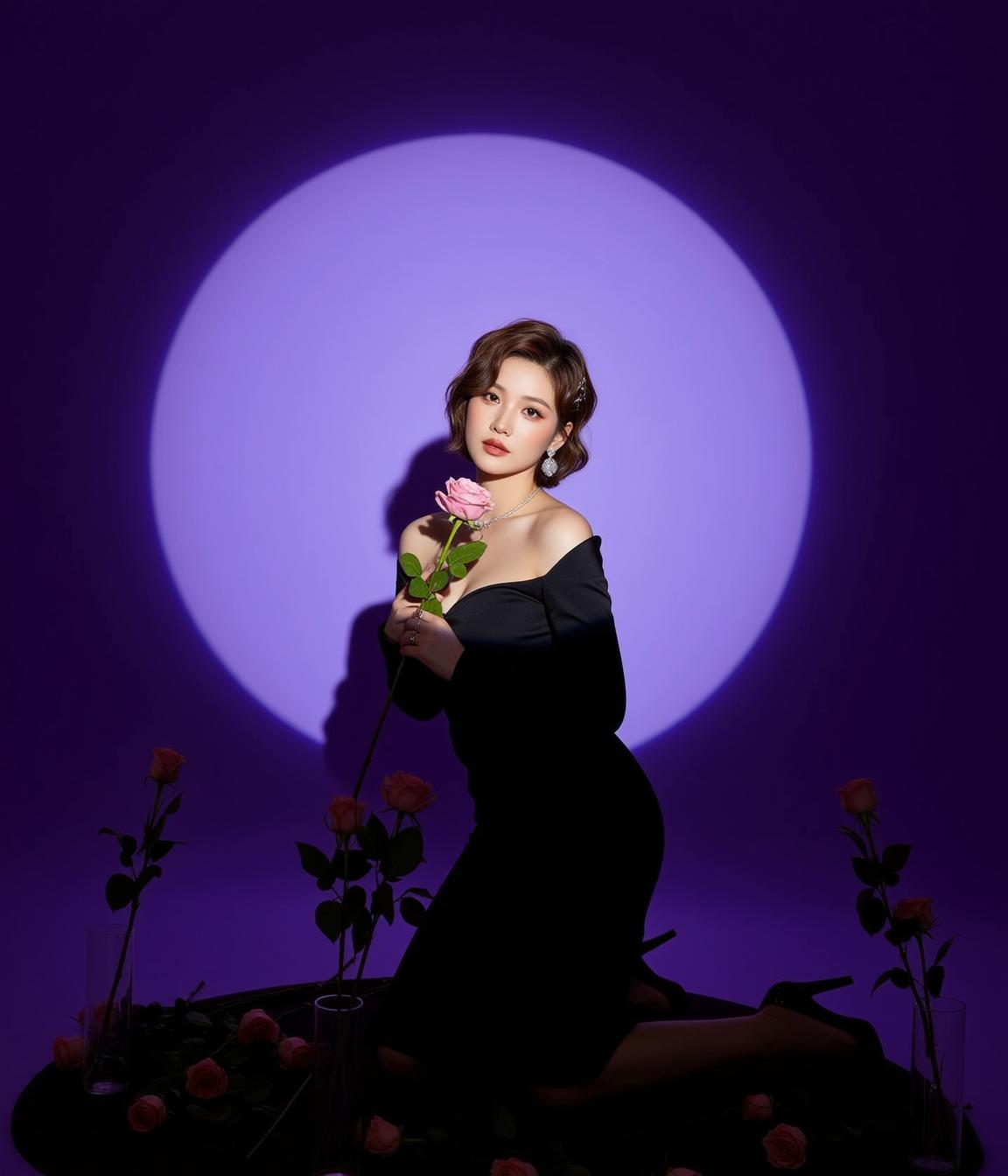 Black Dress Rose Spotlight Pose