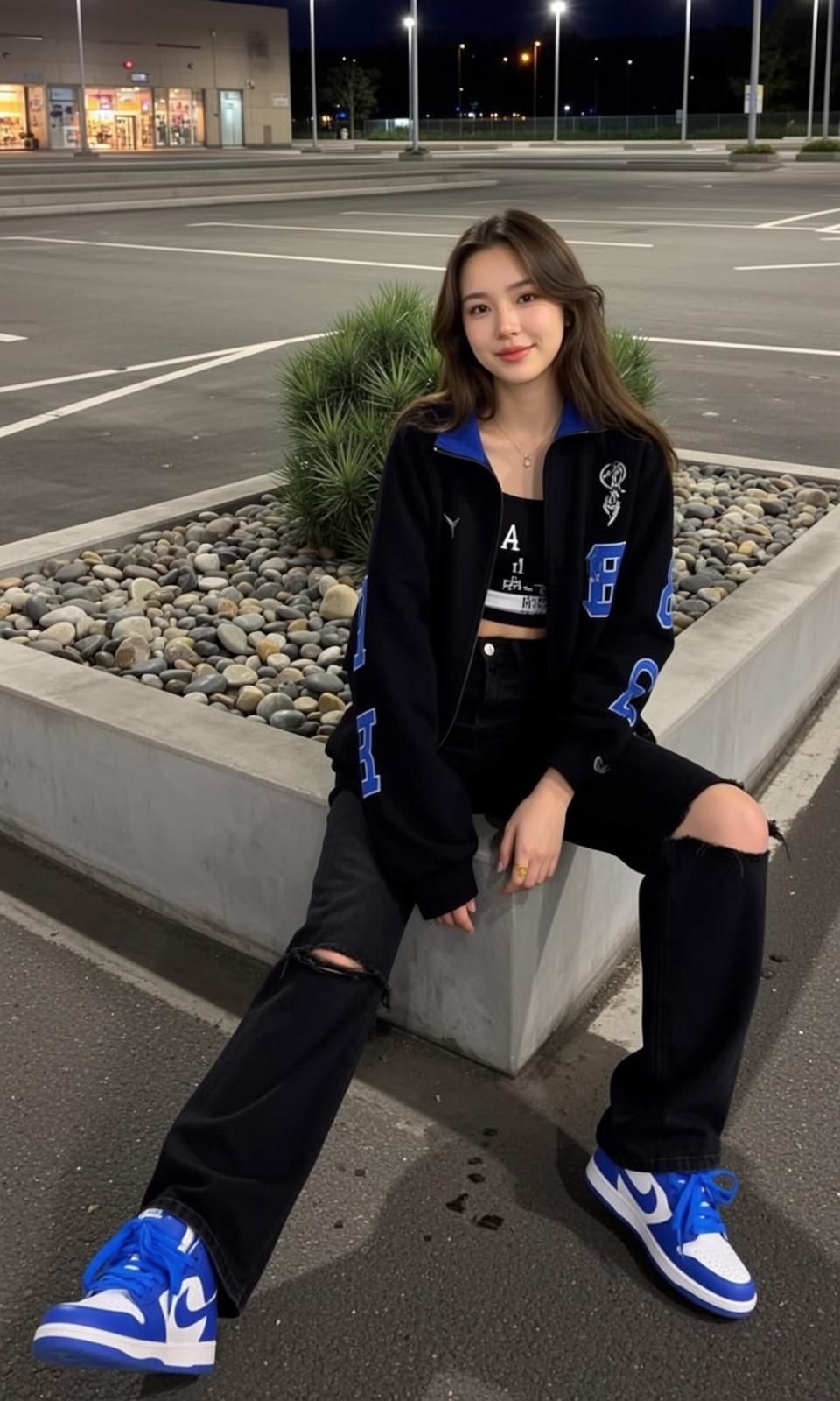 Asian Woman Black Crop Top Ripped Jeans Night Parking Lot