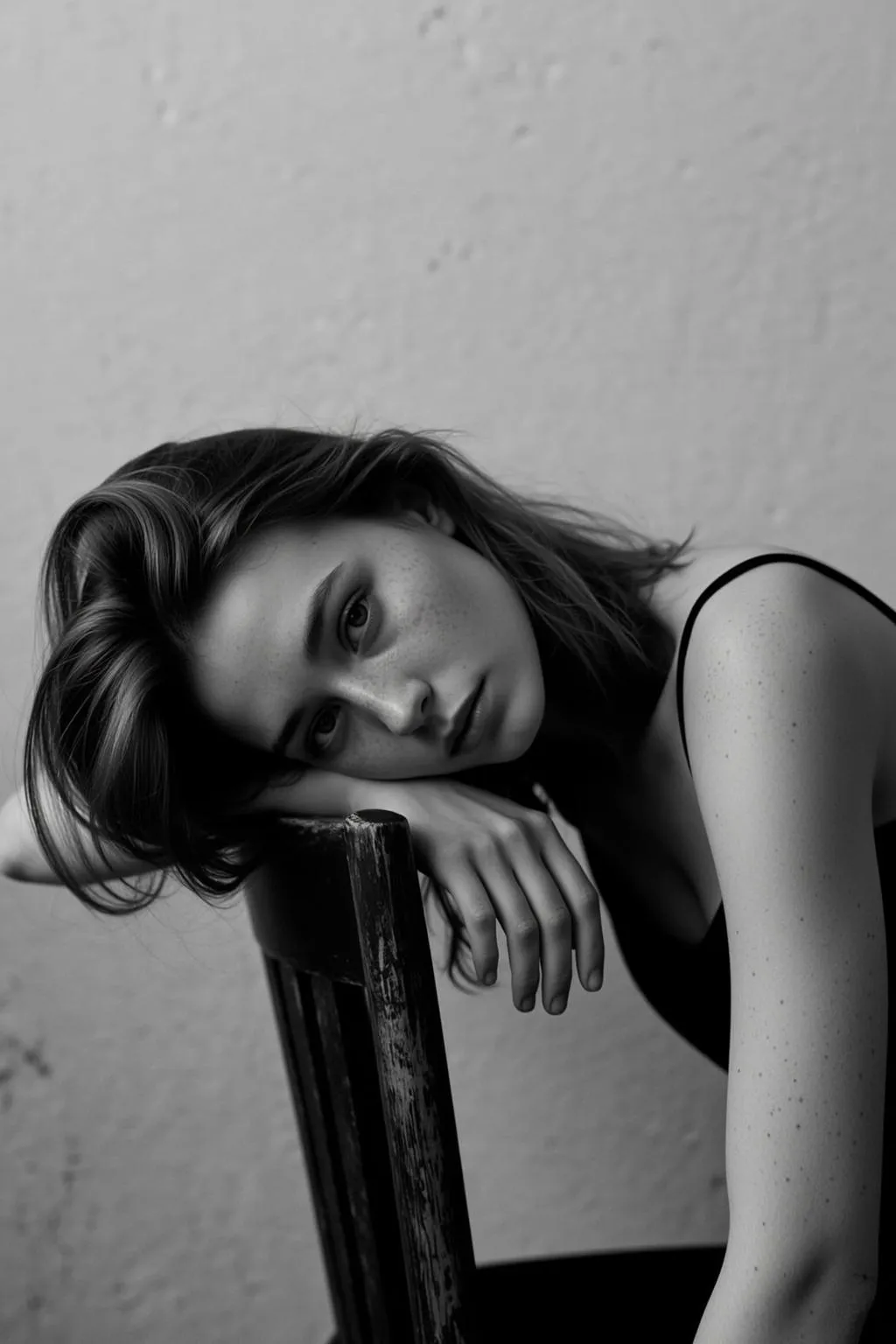 Medium Shot Black And White Shows Young Woman With Light
