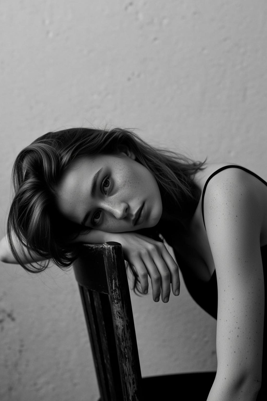 Medium Shot Black And White Shows Young Woman With Light