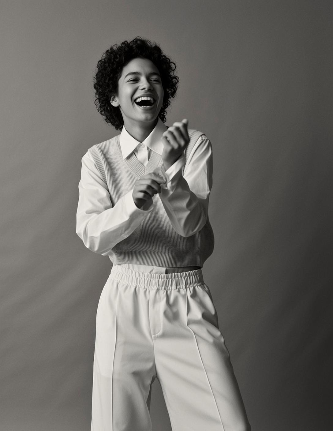 Monochrome Sweater Vest Laughing Pose