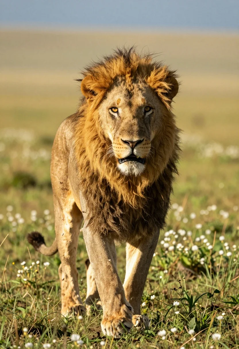 Majestic Male Lion With Thick Windswept Mane Strides Forward Across