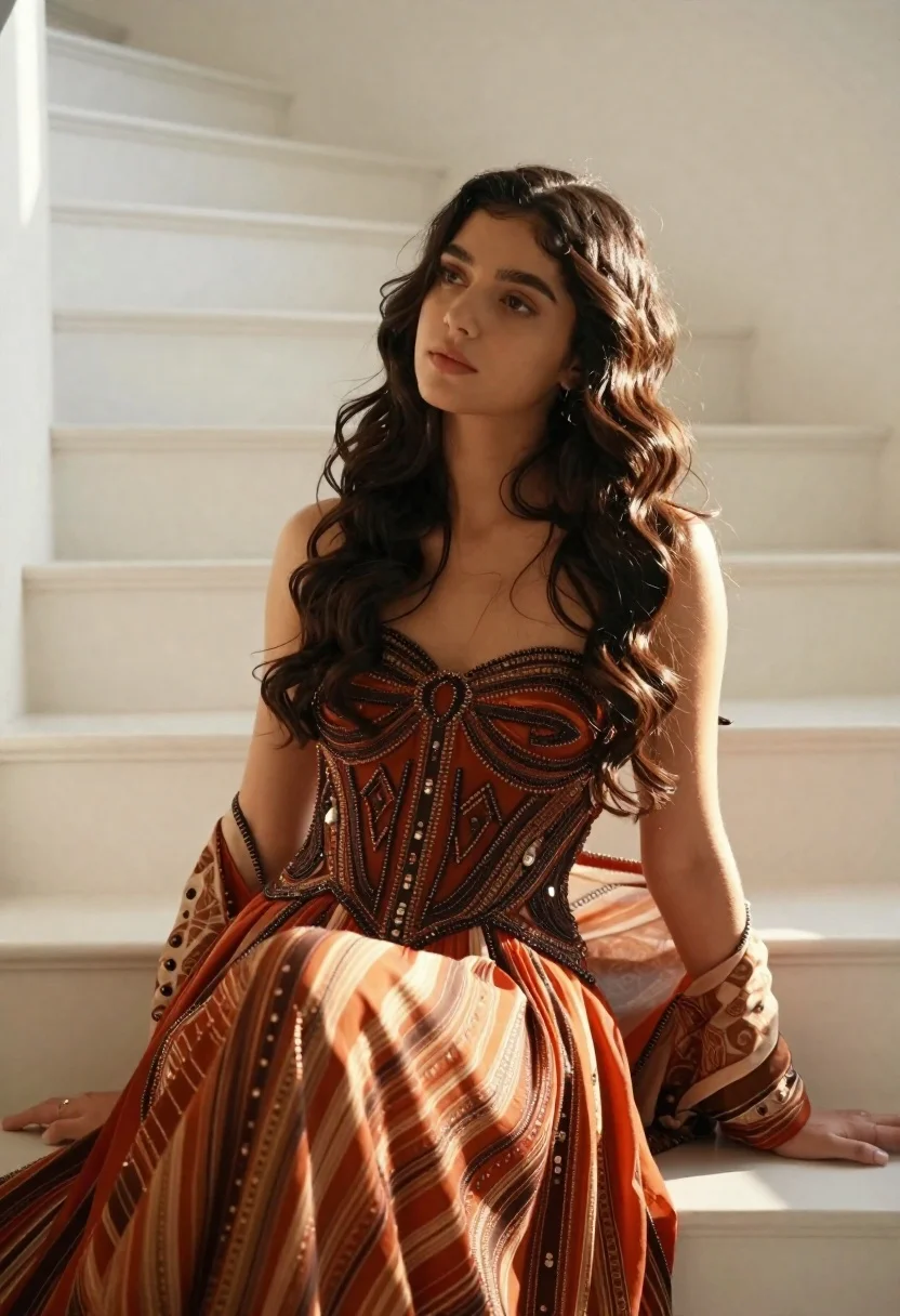 Young Woman With Long Dark Wavy Hair Sits Gracefully White reference photo