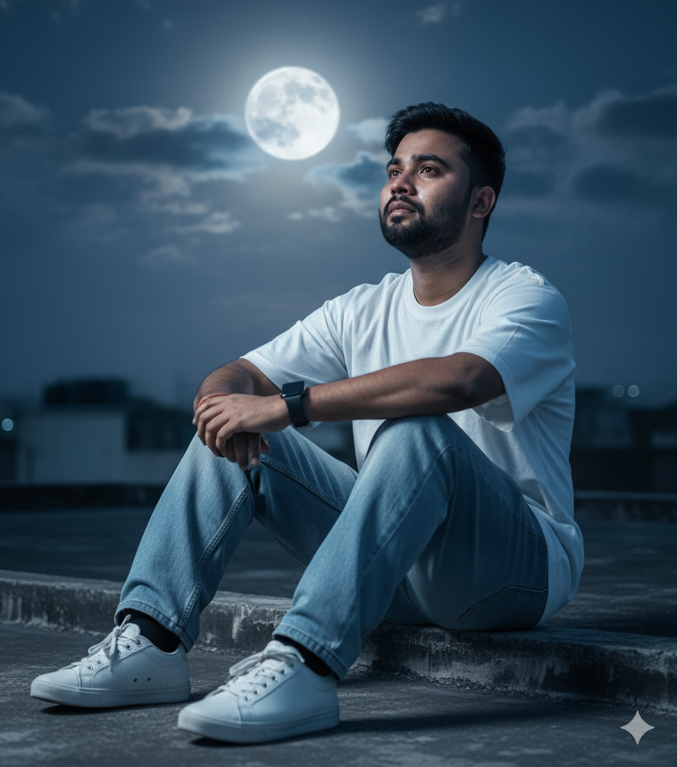 A young man with teary eyes sitting on a rooftop at night, illuminated by a full moon, wearing a loose white t-shirt and baggy jeans.