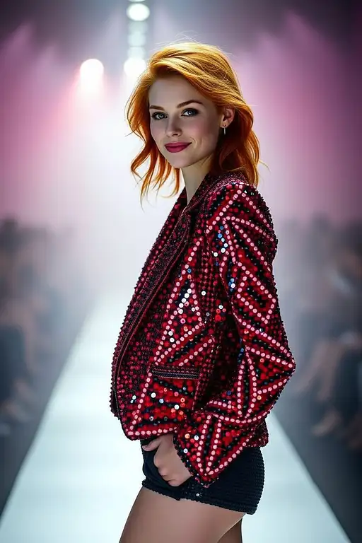 A glamorous catwalk runway photograph of a stylish redhead supermodel in a sequinned blazer and shorts, captured in vibrant lighting.