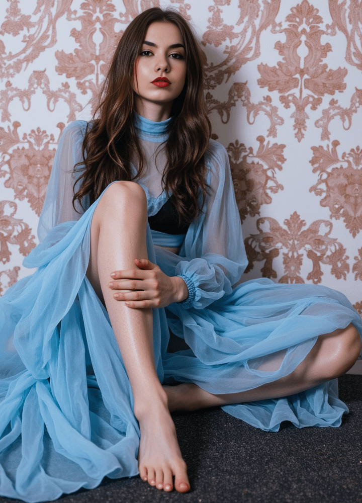 Chiffon Dress On Damask Wallpaper Floor Pose