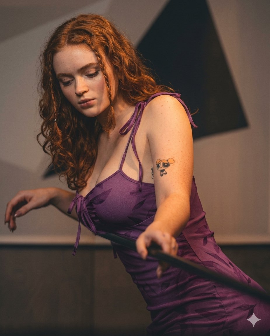 Purple Satin Dress Pool Table Cue Stick Pose
