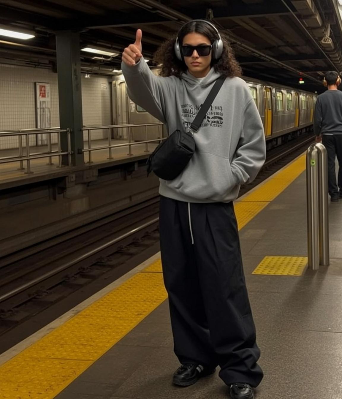 Subway Platform Candid Thumbs Up Grey Hoodie