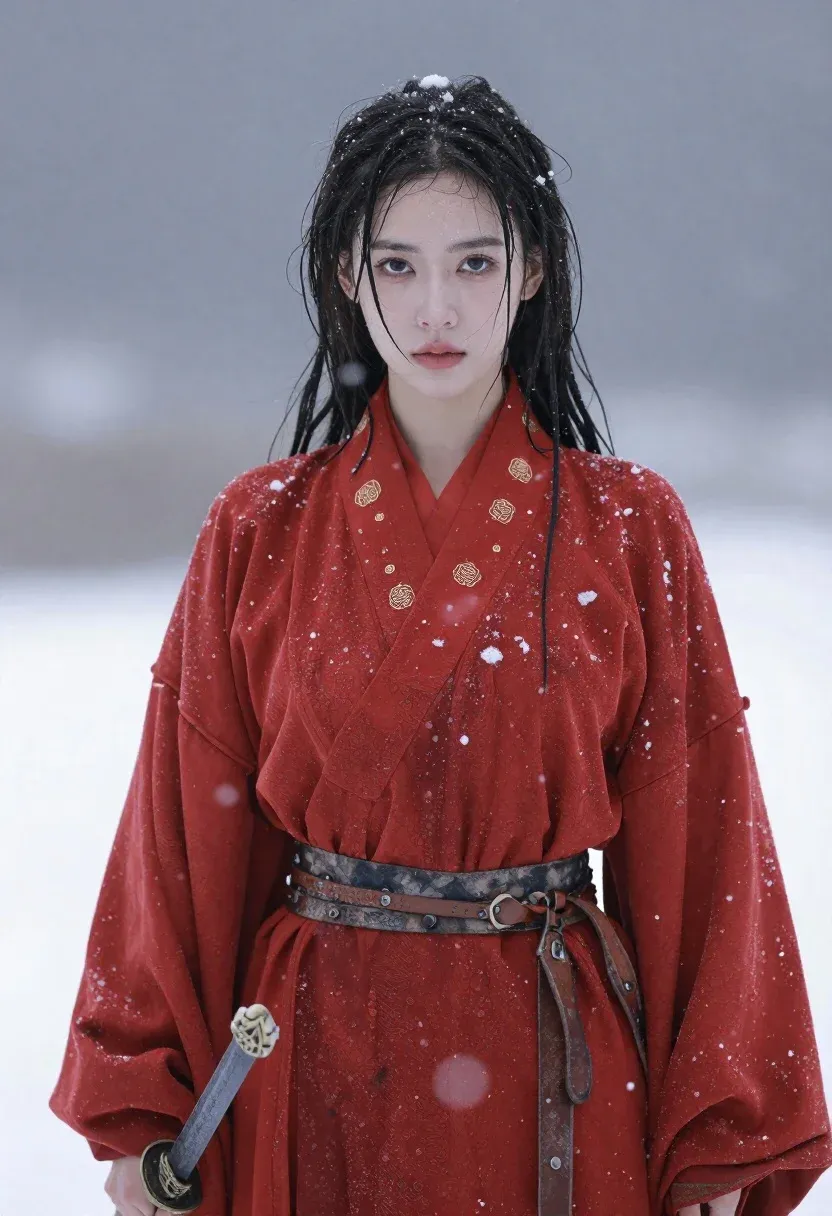 Portrait Young Woman With Wet Dark Hair And Sharp Eyes