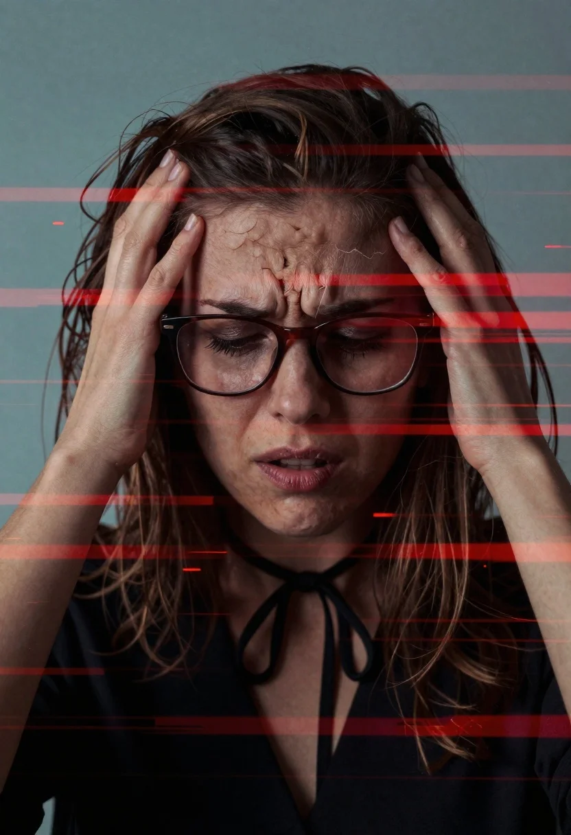Dramatic Close-up Portrait Woman With Intense Expression Pressing Her Hands reference photo