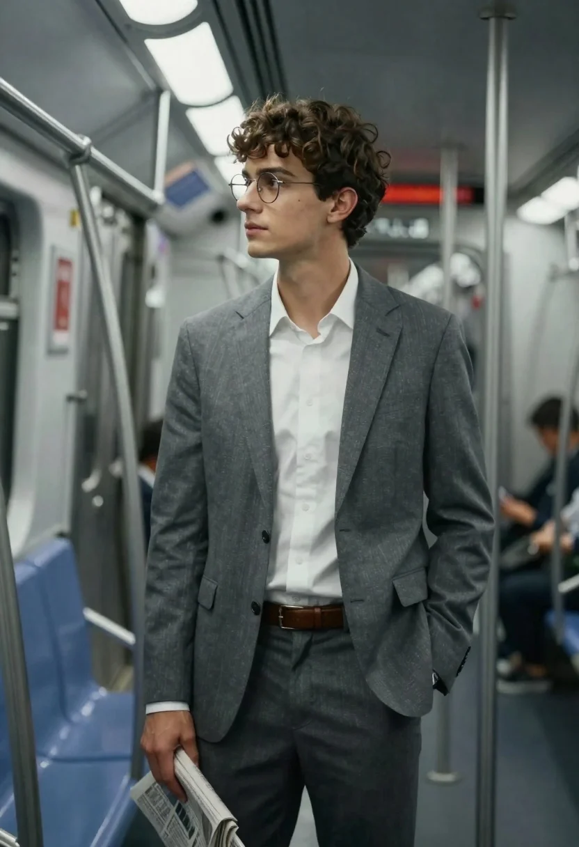 A young man with curly brown hair stands in a subway car, gazing out the window with soft highlights on his face.